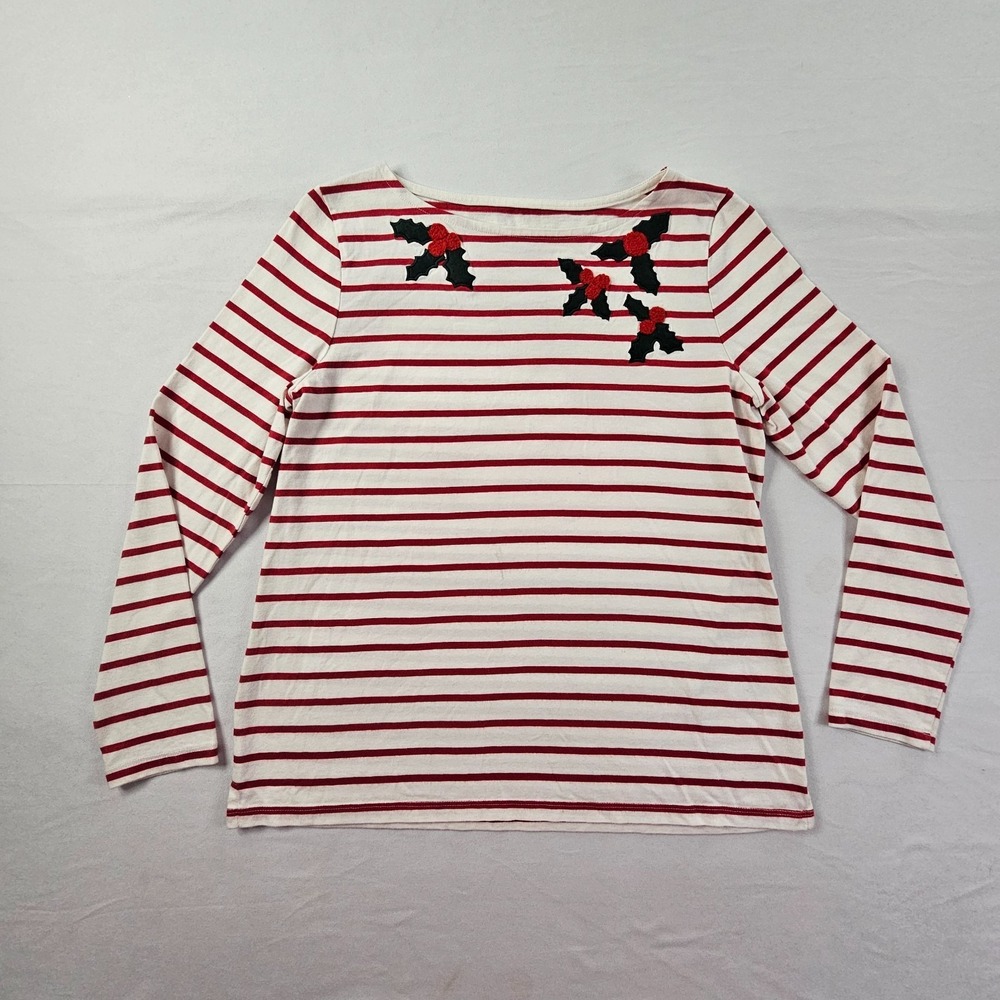 Talbots Petite LP Red White Stripe Boat Neck Holly Christmas Top